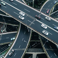 Ariel view of overlapping road interchange.