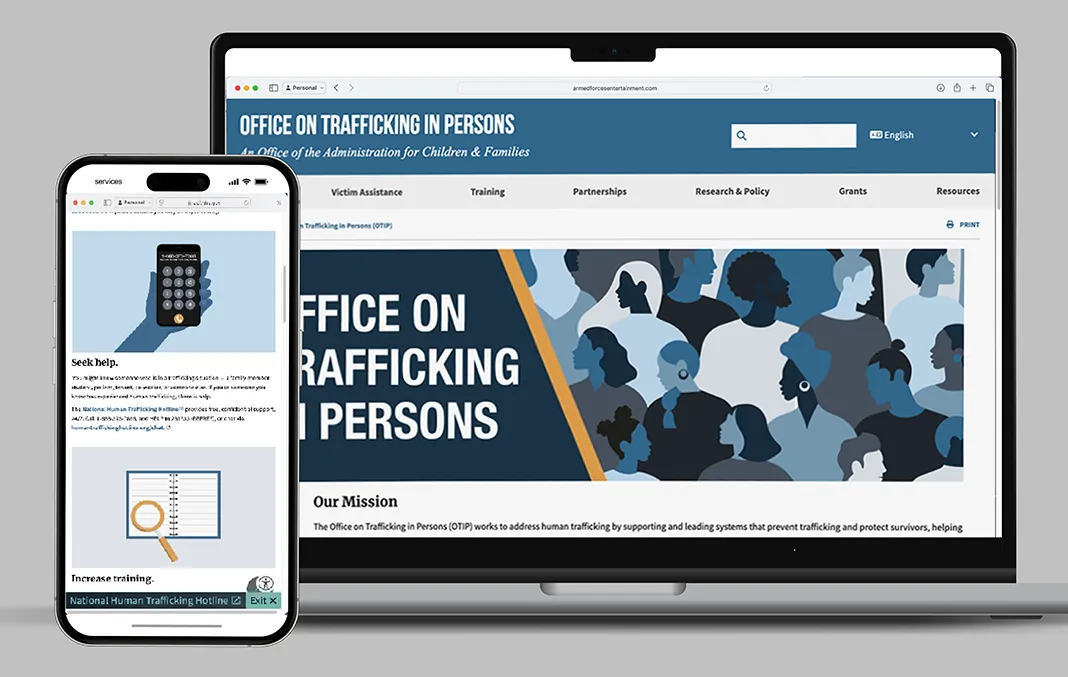 Screenshots shown on a cell phone and a laptop of the Office on Trafficking in Persons website.