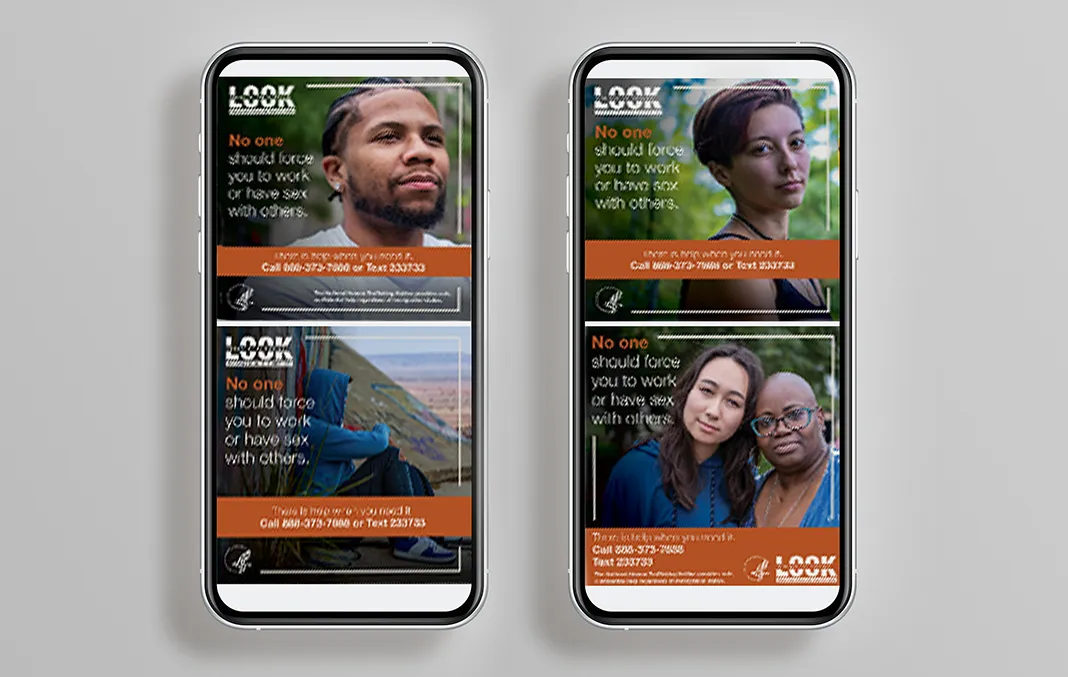 Advertisements for the Look Beneath the Surface campaign show on mobile devices published by the Office on Trafficking in Persons.