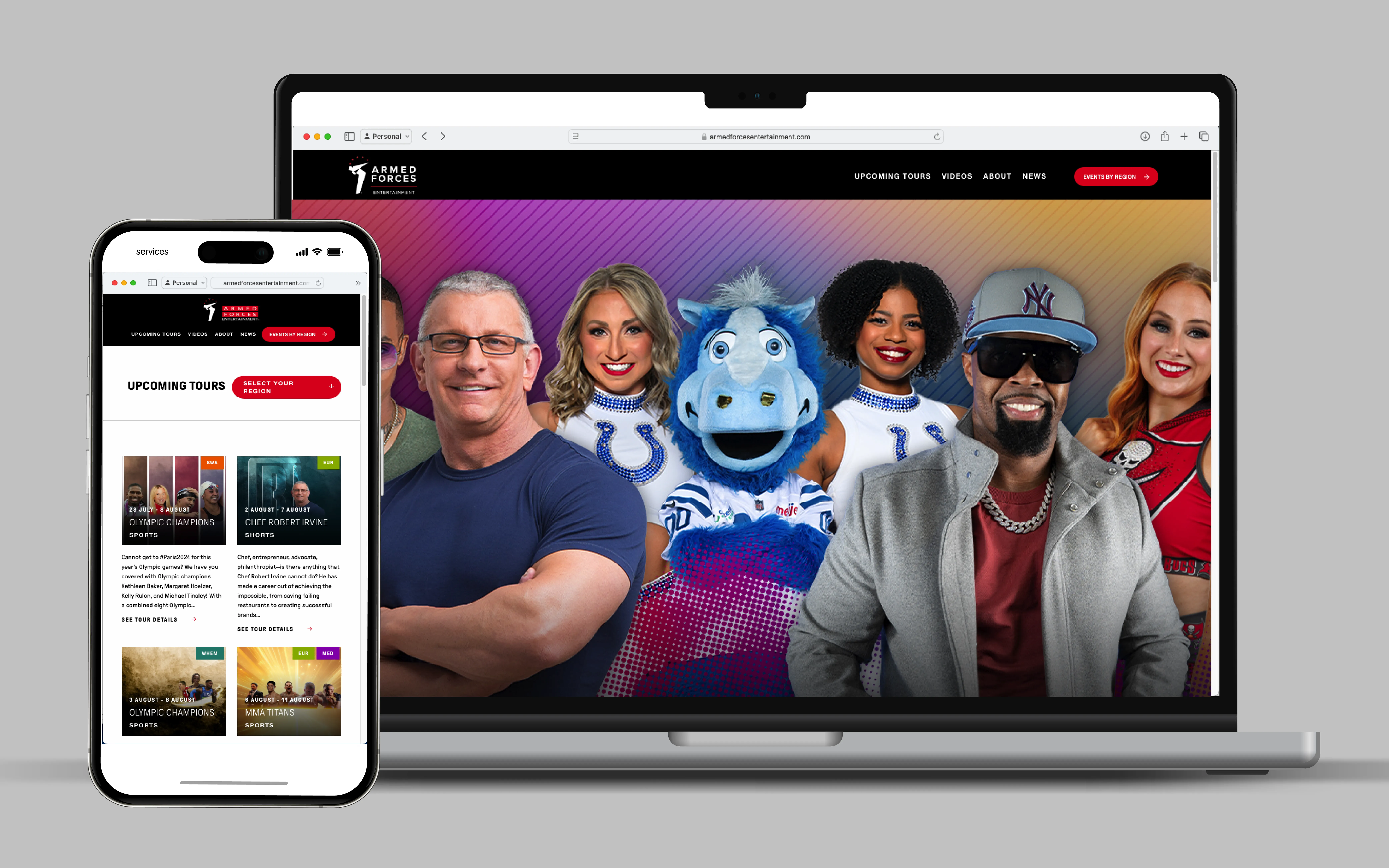 Screenshots of the Armed Forces Entertainment website showing its adaptive display of the upcoming tours webpage on both a cell phone and a laptop.