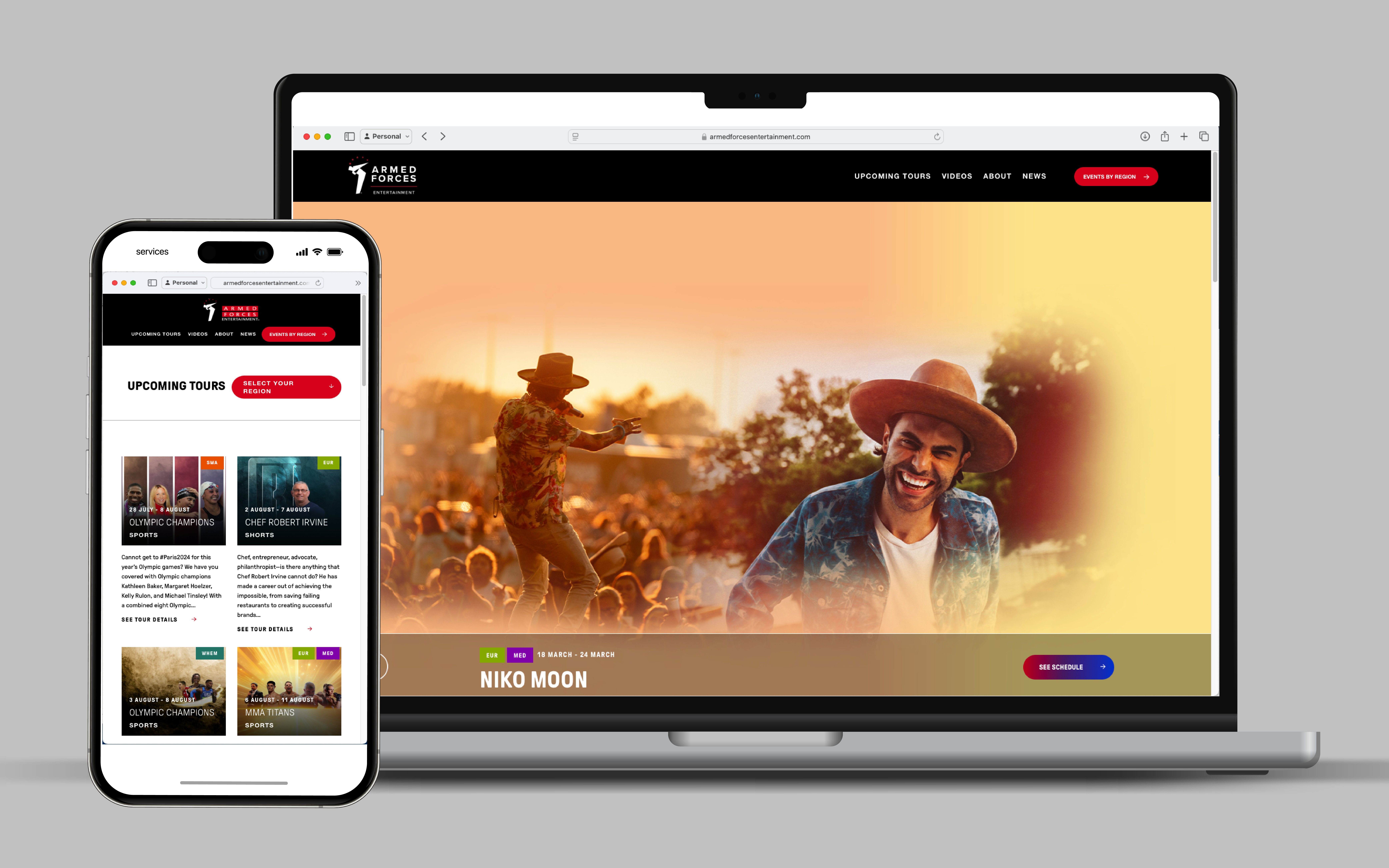 Screenshots of the Armed Forces Entertainment website showing its adaptive display of the upcoming tours webpage on both a cell phone and a laptop.