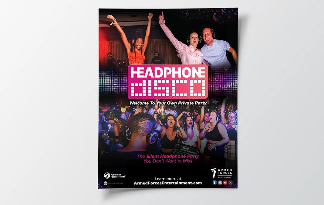 Advertisment for the Headphone Disco: The Silent Headphone Party You Don't Want to Miss featuring several people dancing and wearing headphones published by Armed Forces Entertainment.