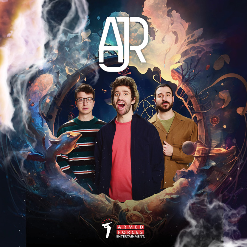 Advertisement for AJR showing all three members published by Armed Forces Entertainment.