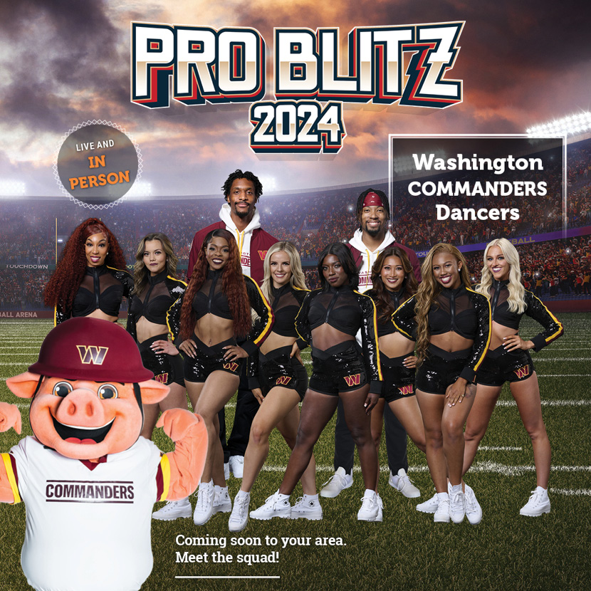 Advertisement for the Pro Blitz 2024 showing that the Washington COMMANDERS dancers will perform live and in person published by the Armed Forces Entertainment.