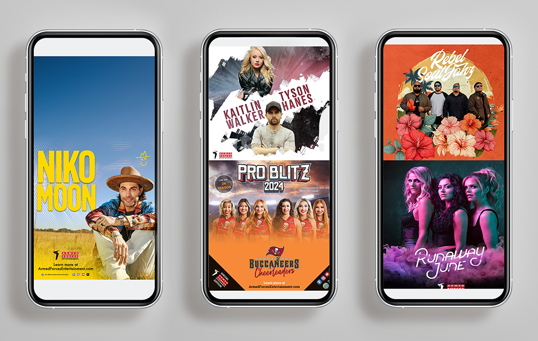 Sample advertisments showing the online promotion of live events including Kaitlin Walker and Tyson Hanes, the Pro Blitz 2024 performance of the Buccaneers Cheerleaders, Rebel Soul Baby, and Runaway June displayed on a phone screen published by  Armed Forces Entertainment.