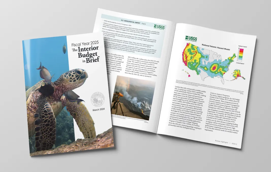 Cover and interior pages for the Fiscal Year 2025 The Interior Budget in Brief published by the U.S. Department of the Interior.