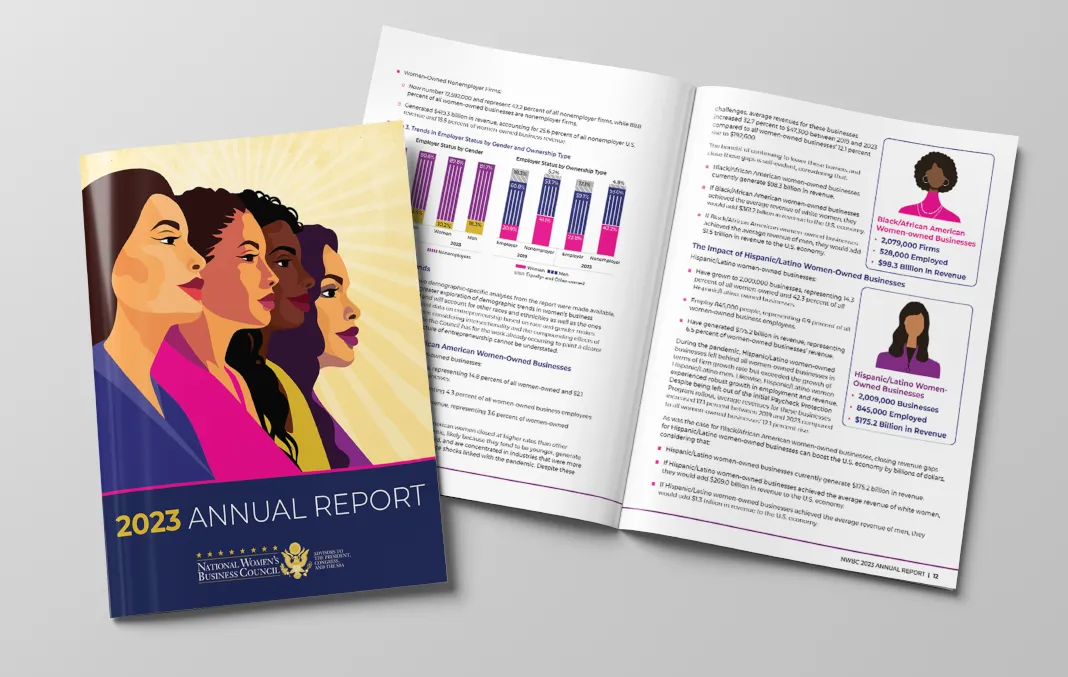 Cover and interior pages for the 2023 Annual Report published by the National Women's Business Council.
