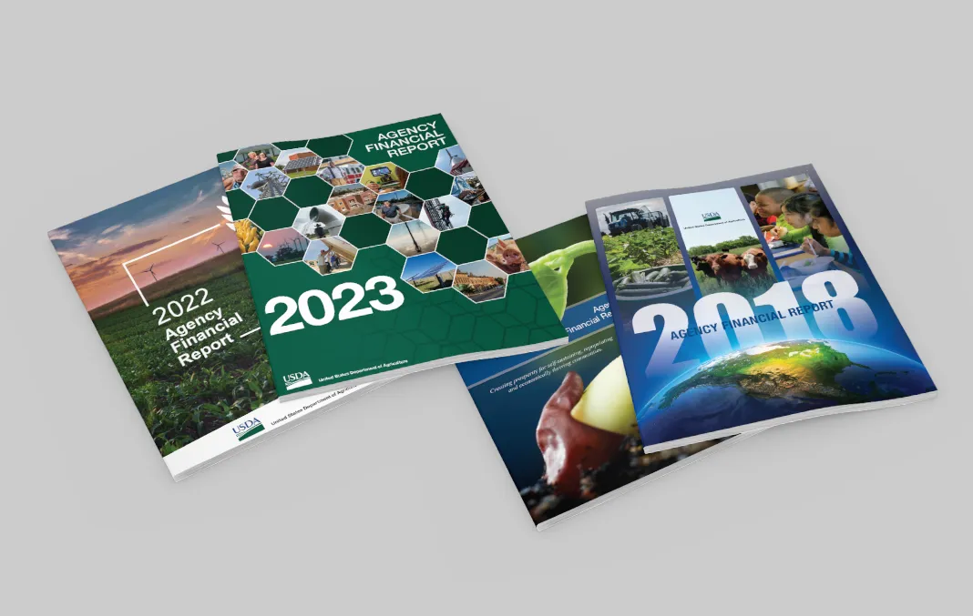 Multiple covers including the 2022, 2023, and 2018 Agency Financial Reports published by the U.S. Department of Agriculture.