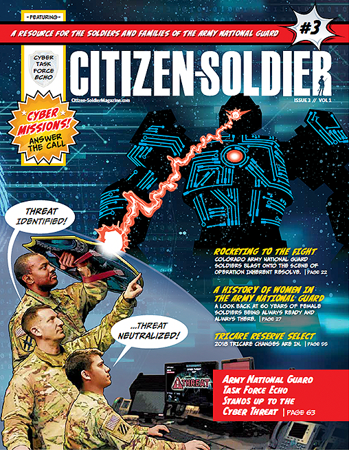 Cover page of Citizen-Soldier issue 3 volume 1 magazine featuring Cyber Task Force Echo. The magazine is designed in a comic book style with several soldiers targeting and neutralizing cyber threats.