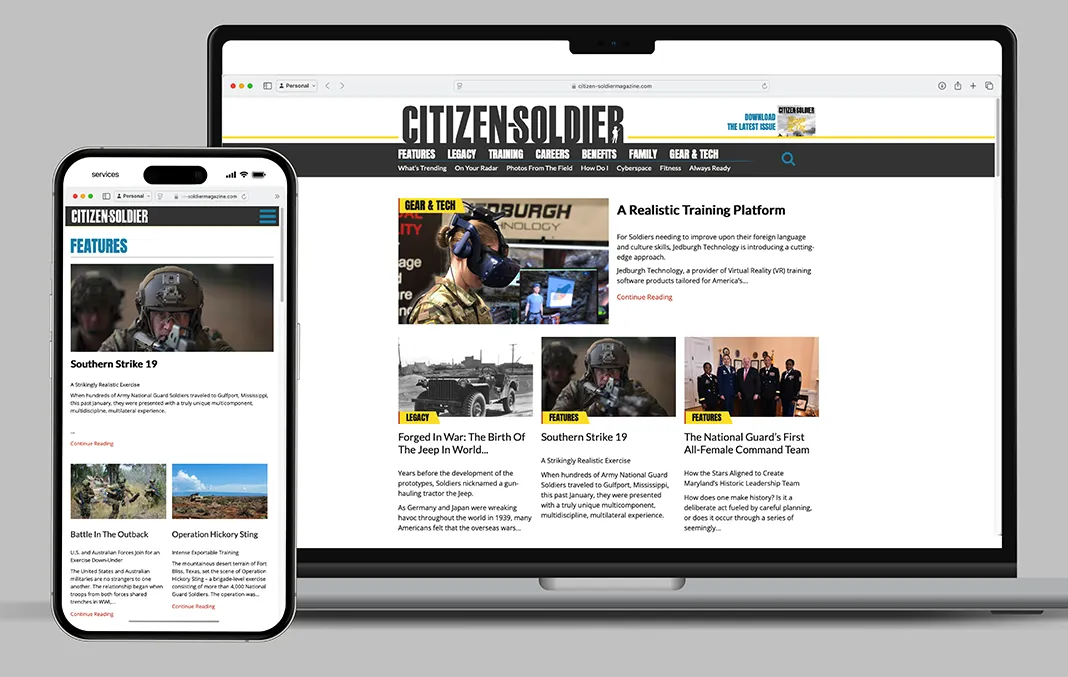 Mockups of the Citizen-Soldier website on a mobile device and a personal computer.