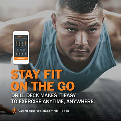 Cover of Guard Your Health Drill Deck. The central image features a man in workout attire doing a push-up and a phone showing the Guard Your Health fitness app. Overlaid text reads: 'Stay Fit On The Go. Drill Deck Makes It Easy To Exercise Anytime, Anywhere.' with a URL to GuardYourHealth.com/drilldeck below it.