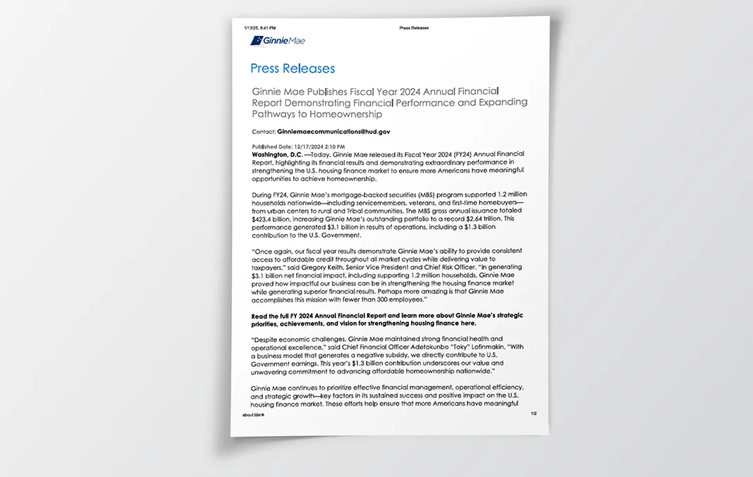 Sample press release titled 'Ginnie Mae Publishes Fiscal Year 2024 Annual Financial Report Demonstrating Financial Performance and Expanding Pathways to Homeownership' published by Ginnie Mae.