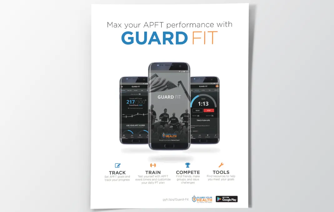 Print ad published for the Army National Guard featuring the Guard FIT app and several of it's features including track, train, compete, and tools.