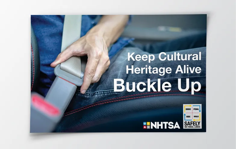 Ad published for the NHTSA Public Health Ad campaign showing a hand buckling a seatbelt with an overlay of text that reads 'Keep Cultural Heritage Alive, Buckle Up.'