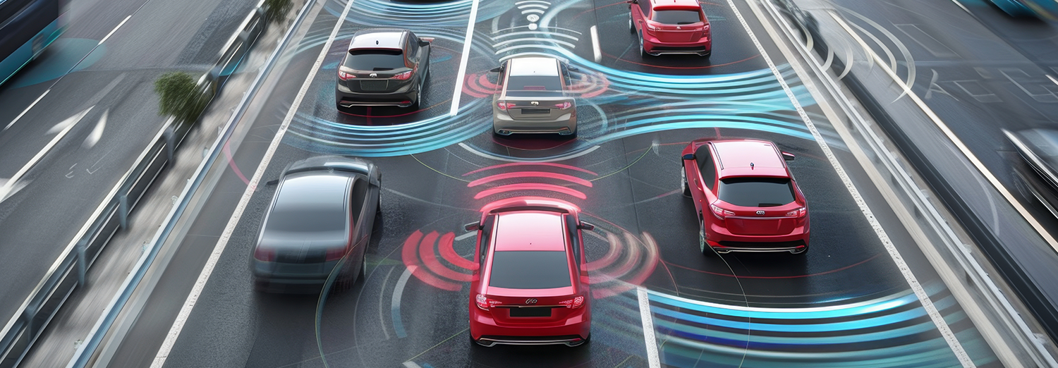 Aerial view of cars in traffic, equipped with autonomous driving technology. Ripples around the cars illustrate data communication.
