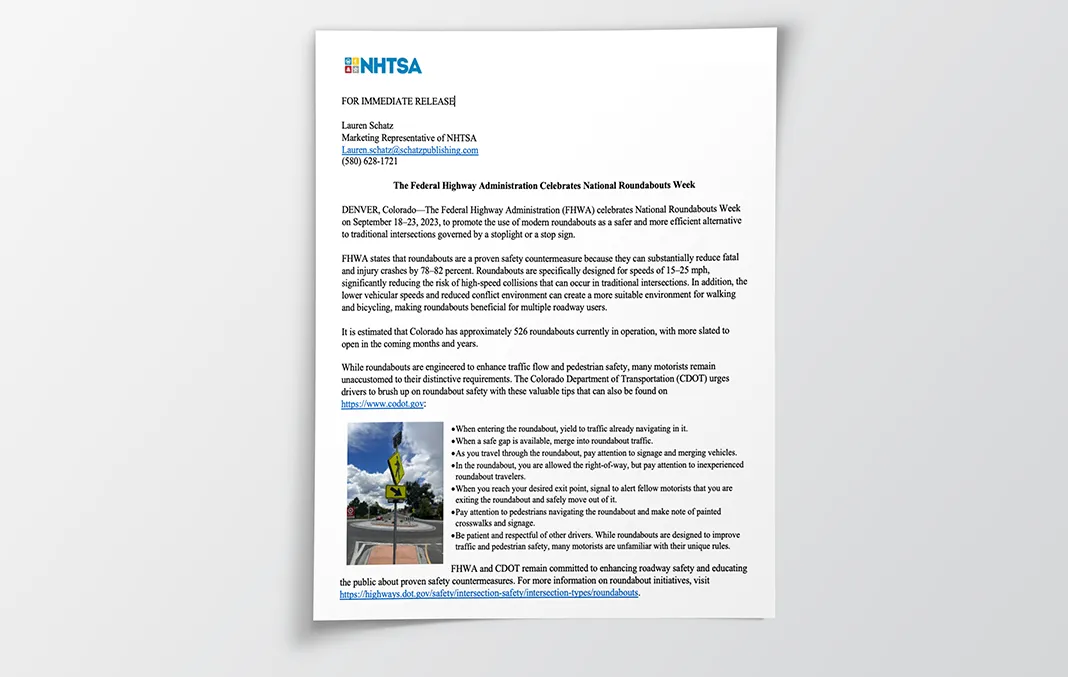 Sample press release titled 'The Federal Highway Administration Celebrates National Roundabouts Week' published by Lauren Schatz, the Marketing Representative of NHTSA.