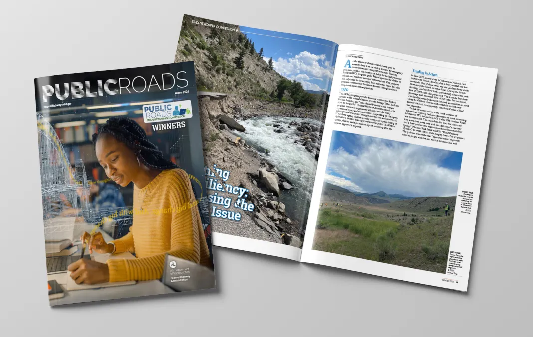 Cover and interior pages for the Public Roads Winter 2024 edition featuring the winners of the Student Writing Competition.