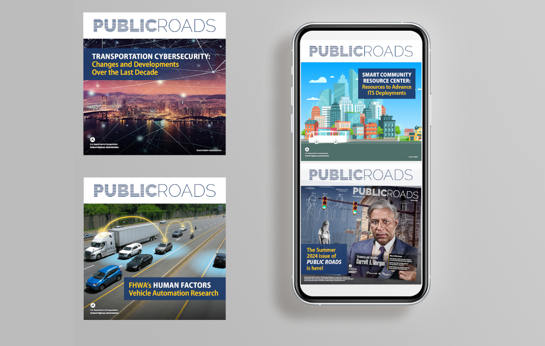 Article teasers with intriguing graphics from the brand refresh of Public Roads shown as printed postcards and on a mobile device.