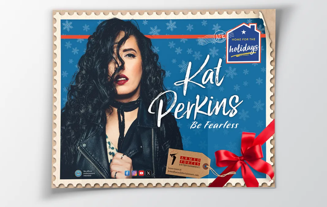 Home for the Holidays postcard featuring Kat Perkins published by Armed Forces Entertainment.