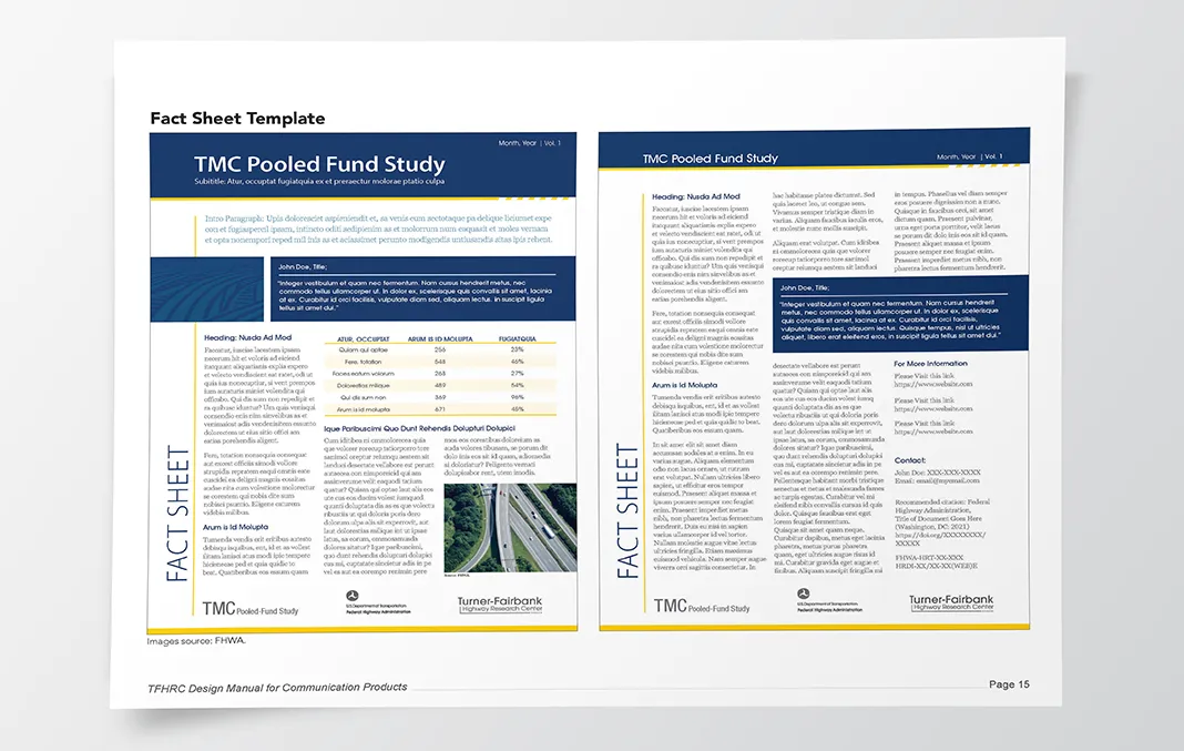 Screenshot of a fact sheet template shown in the TFHRC Design Manual for Communication Products.