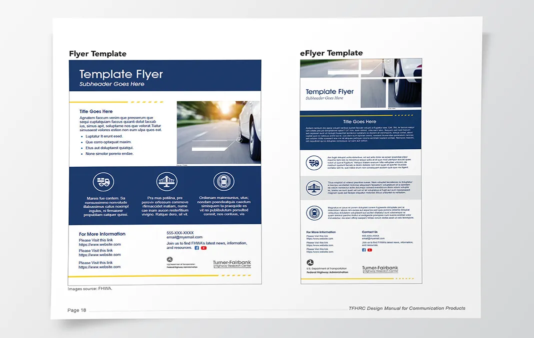 Screenshot of flyer and eFlyer templates shown in the TFHRC Design Manual for Communication Products.