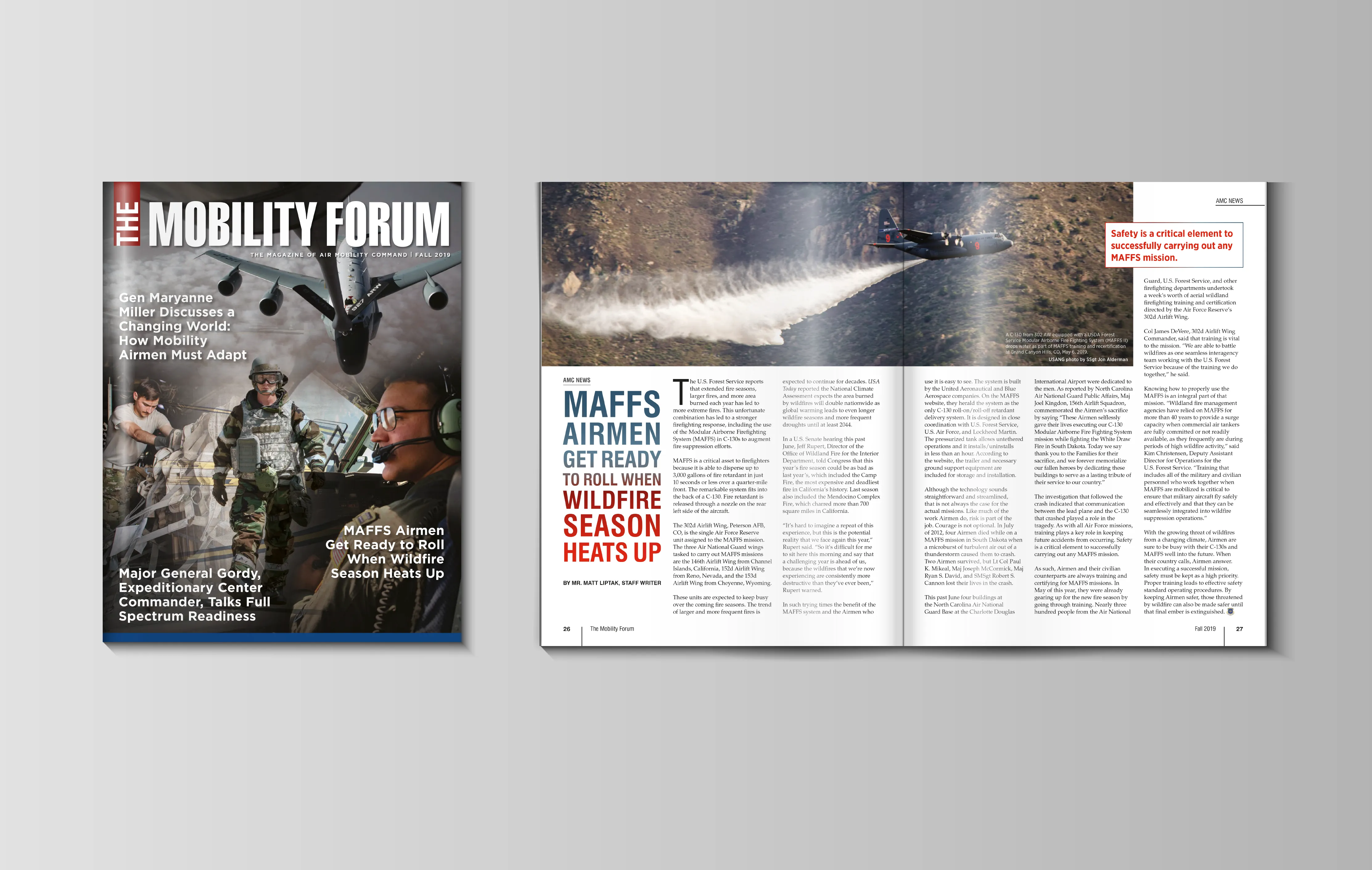 Cover and interior pages for The Mobility Forum Fall 2019 edition featuring Gen Maryanne Miller Discusses a Changing World: How Mobility Airmen Must Adapt.