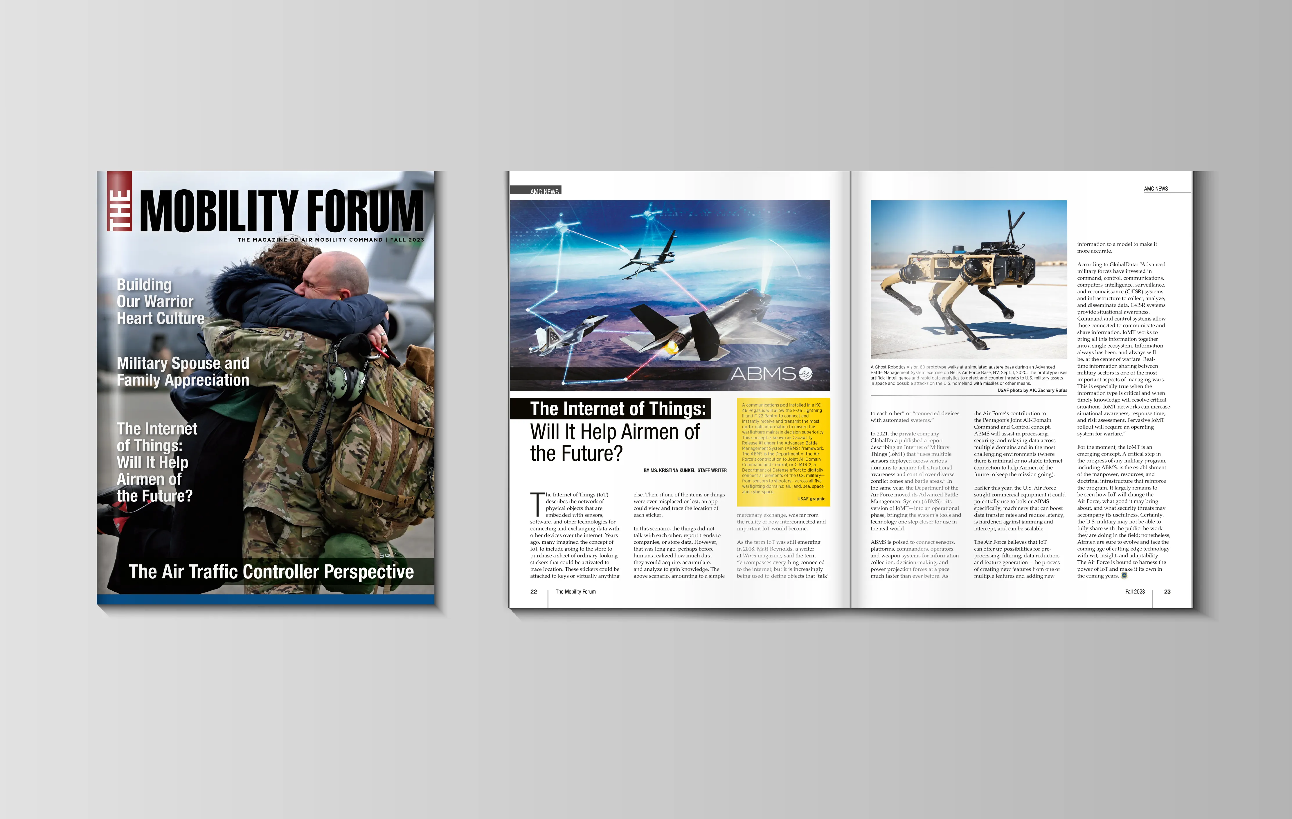 Cover and interior pages for The Mobility Forum Fall 2023 edition featuring Building Our Warrior Heart Culture and Military Spouse and Family Appreciation.