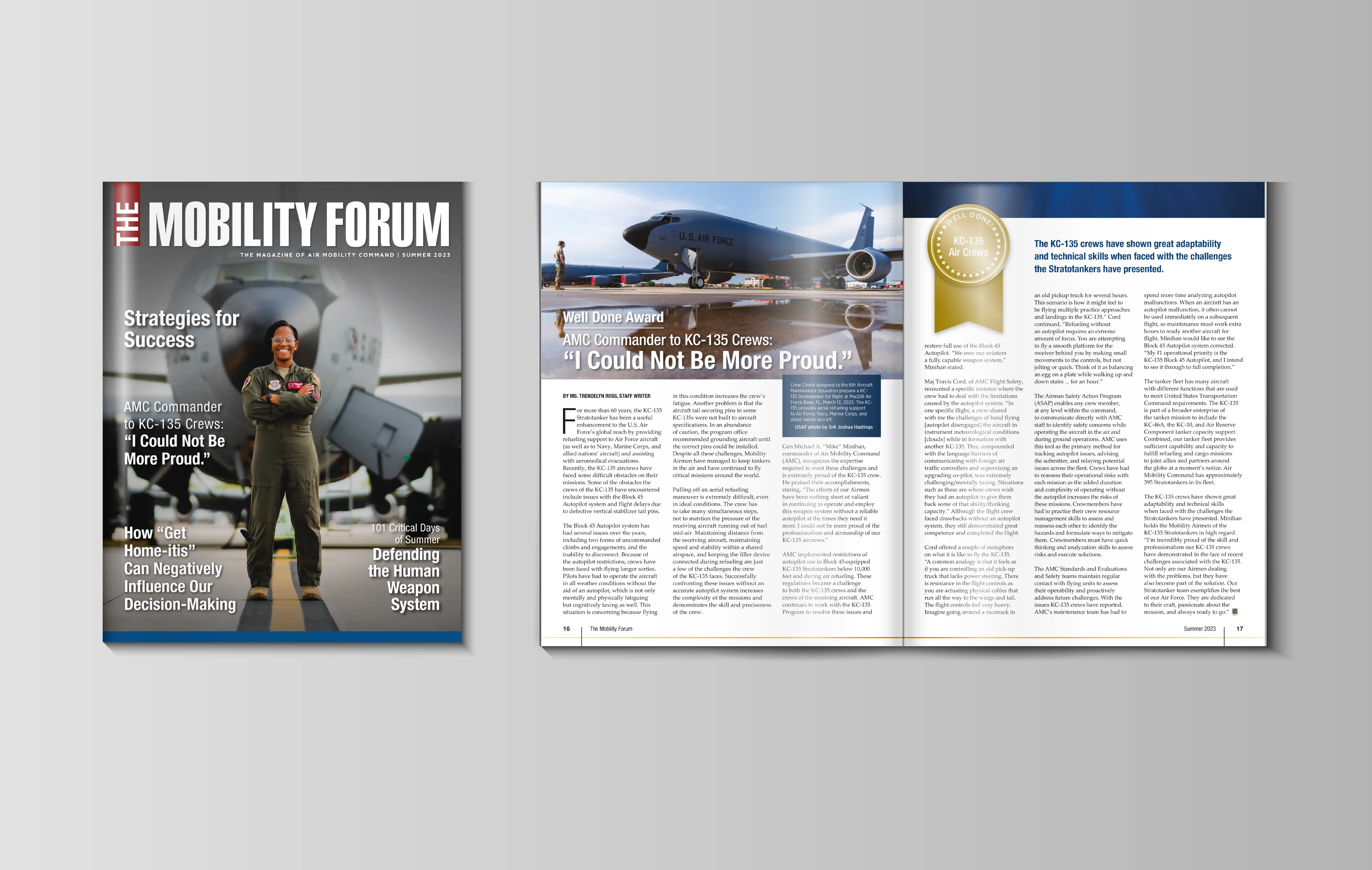Cover and interior pages for The Mobility Forum Summer 2023 edition featuring Strategies for Success and AMC Commander to KC-135 Crews: 'I Could Not Be More Proud.'