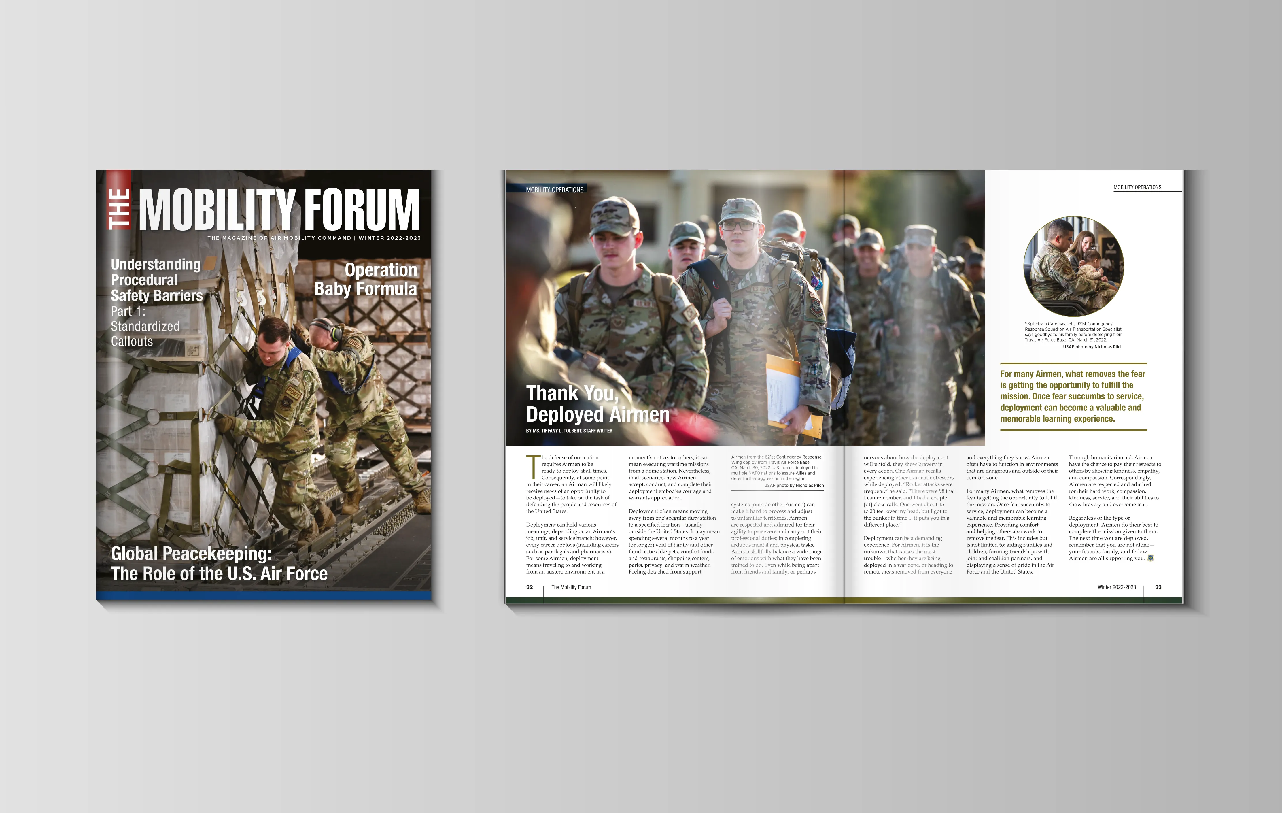 Cover and interior pages of The Mobility Forum Winter 2022-2023 edition featuring Global Peacekeeping: The Role of the U.S. Air Force.