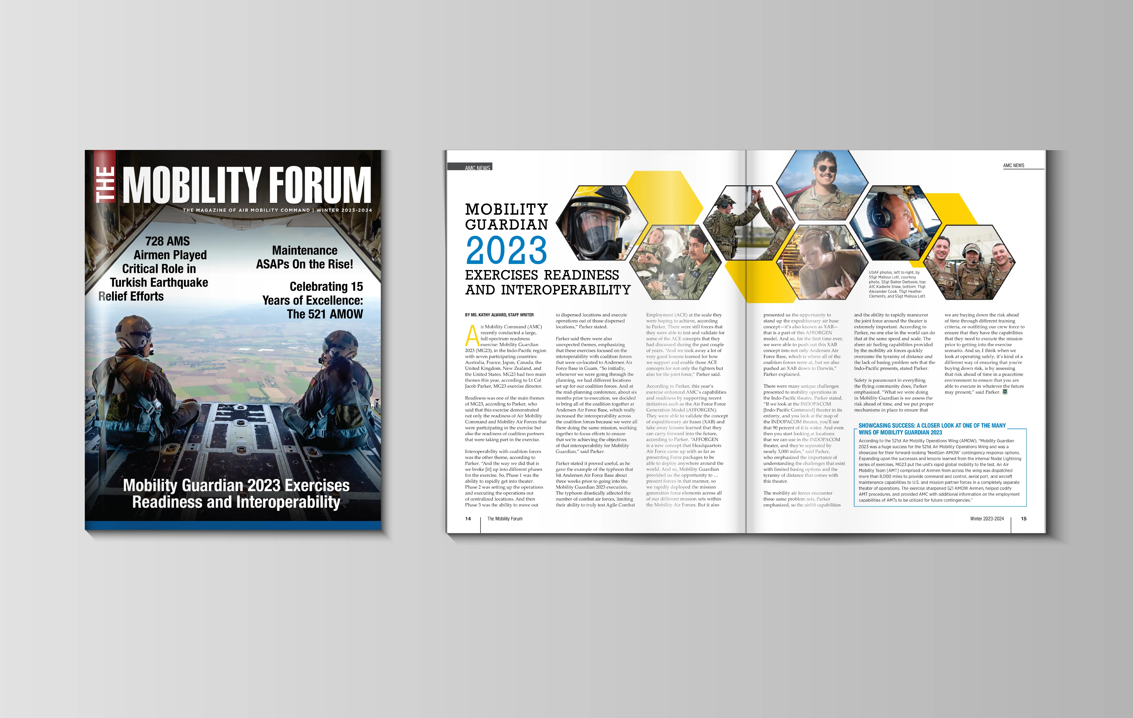 Cover and interior pages of The Mobility Forum Winter 2023-2024 edition featuring Mobility Guardian 2023 Exercises Readiness and Interoperability.