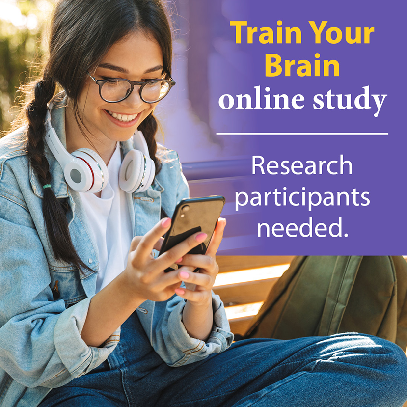 Advertisement published by USDA showing a woman looking at a phone and smiling while sitting on a bench with text overlaid that reads 'Train Your Brain online study. Research participants needed.'