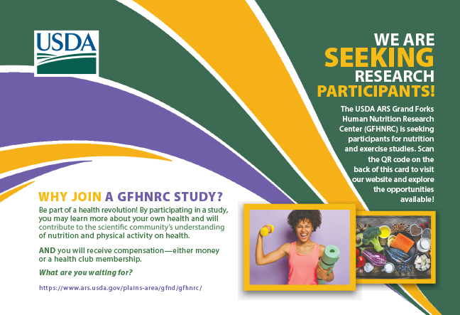 Advertisement postcard published by USDA seeking research participants and information about why you should join a GFHNRC study.