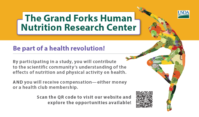 Advertisement postcard published by USDA seeking research participants for a GFHNRC study beside a dancing female figure made of fruits and veggies.