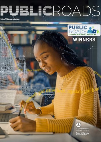 Cover for Public Roads magazine, featuring a young woman working at a desk with words and diagrams floating around her.