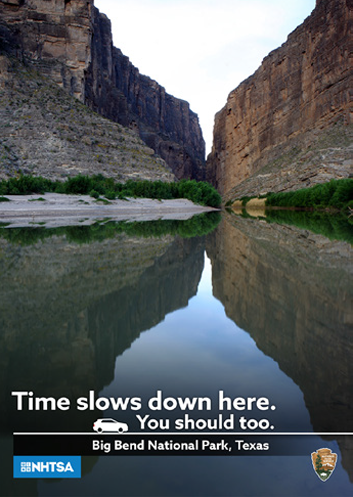 Poster for the National Highway Traffic Safety Administration and Big Bend National Park, featuring a riverbed in a canyon.