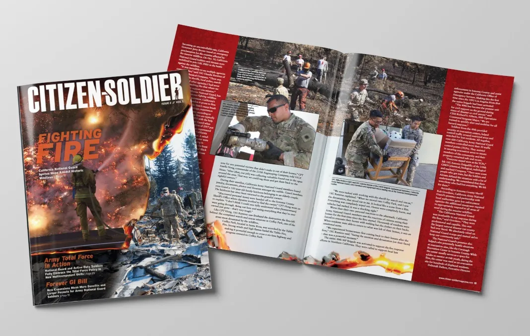 Cover and interior pages of the Citizen-Soldier issue 2 volume 1 magazine featuring Fighting Fire: California National Guard Ignites Hope Amidst Historic Wildfires.