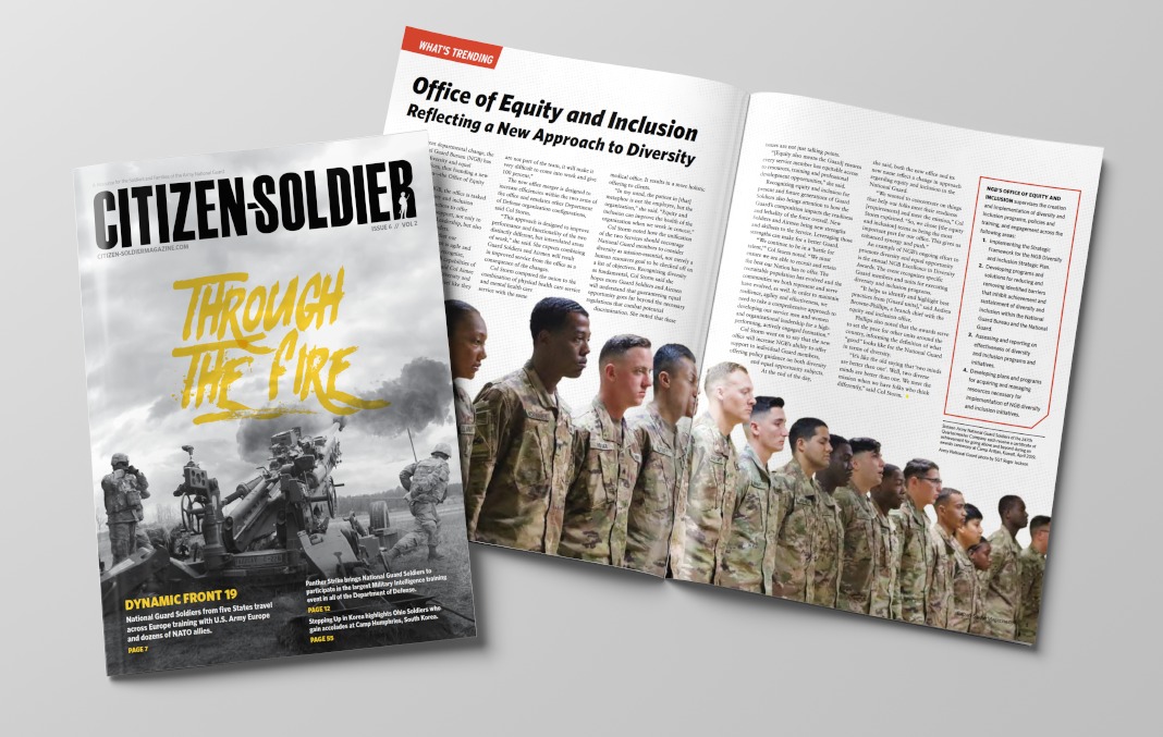 Cover and interior pages of the Citizen-Soldier issue 6 volume 2 magazine featuring Through the Fire: National Guard Soldiers from five States travel across Europe training with U.S. Army Europe and dozens of NATO allies.