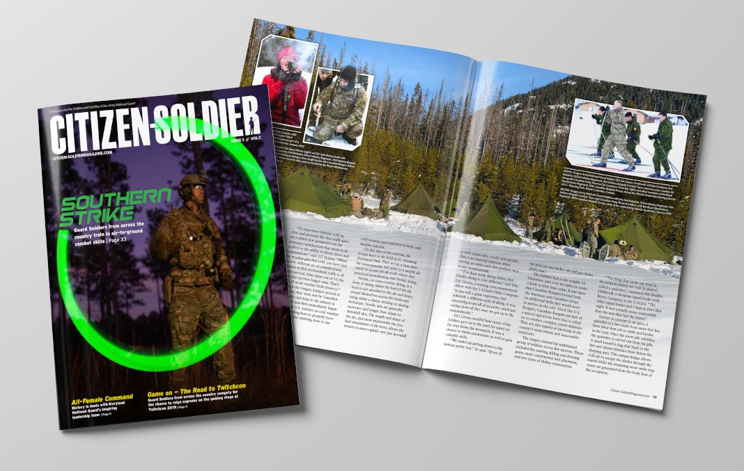 Cover and interior pages of the Citizen-Soldier issue 5 volume 2 magazine featuring Southern Strike: Guard Soldiers from across the country train in air-to-ground combat skills.