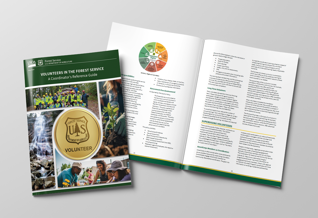 Cover and interior pages from the U.S. Forest Service Volunteers in the Forest Service: A Coordinator's Reference Guide.