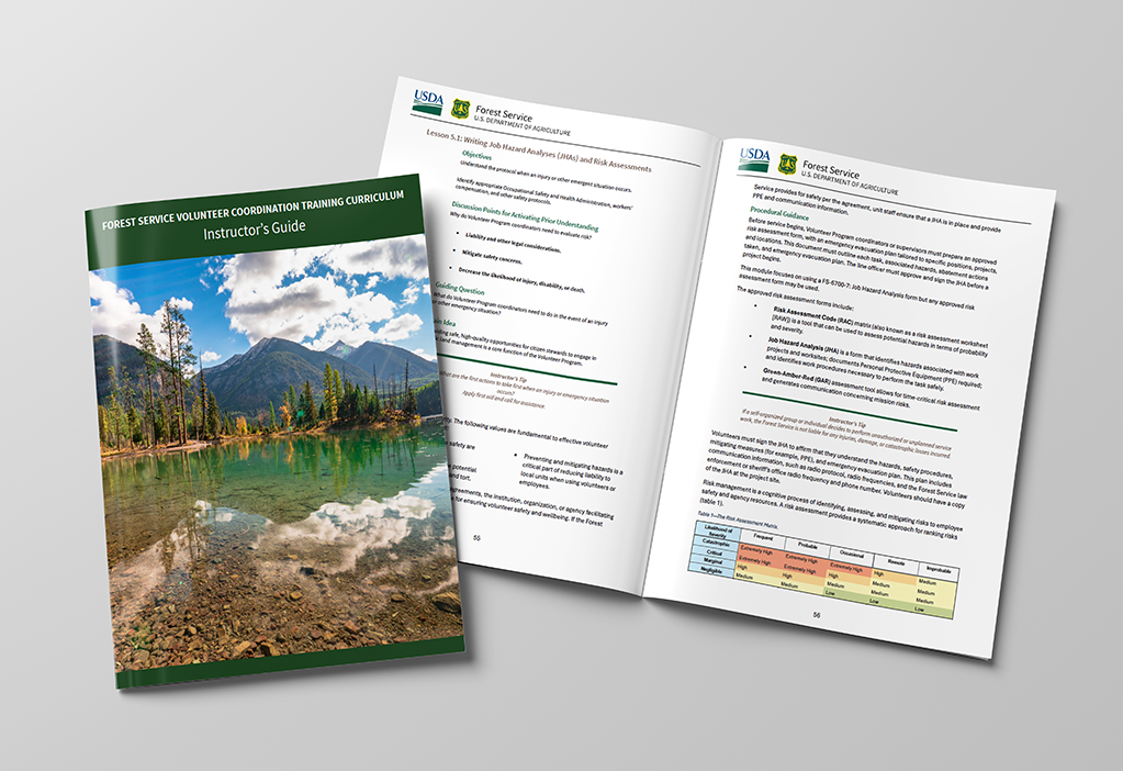 Cover and interior pages from the U.S. Forest Service Volunteer Coordination Training Curriculum: Instructor's Guide.
