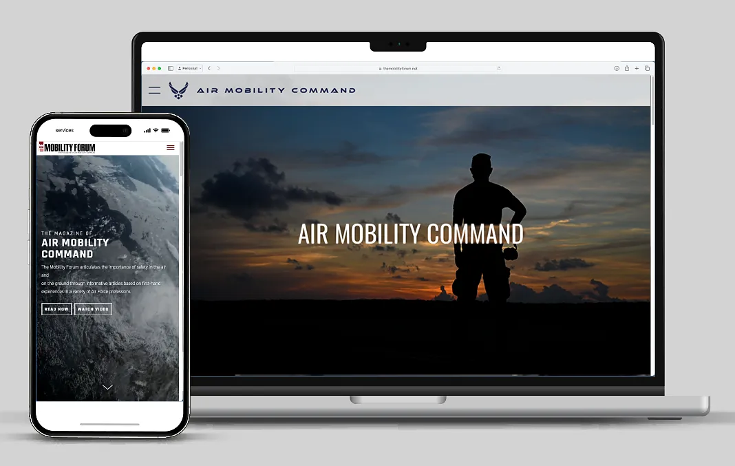 Screenshots shown on a cell phone and a laptop of the Air Mobility Command webpage on the Mobility Forum website.